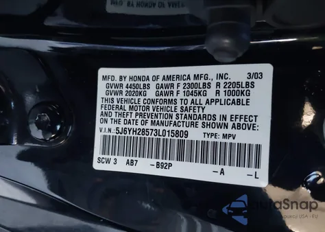 2003 Honda Element Ex from USA, damaged, VIN 5J6YH28573L015809